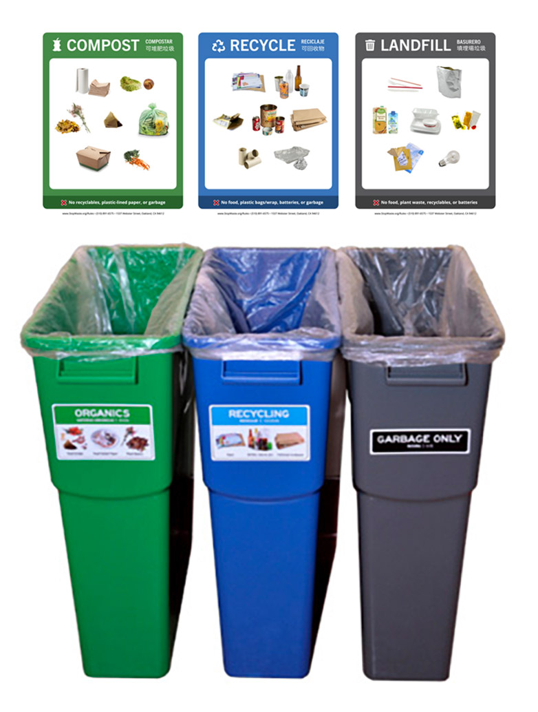 Three indoor bins with signs for recycling, compost, and garbage